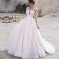 Luxury Pink Long Sleeves Wedding Dress Ball Gown Lace Appliques O-Neck Button Royal Train Bride Gowns Vestido De Novia Princess