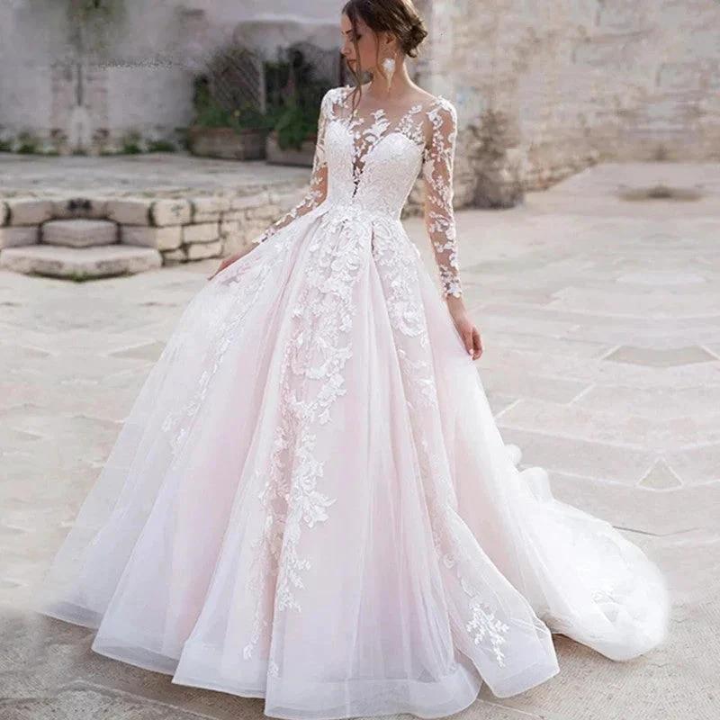 Luxury Pink Long Sleeves Wedding Dress Ball Gown Lace Appliques O-Neck Button Royal Train Bride Gowns Vestido De Novia Princess