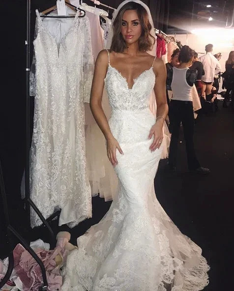 Backless Wedding Dress Lace Mermaid Beautiful Spaghetti-Straps Bride Dress