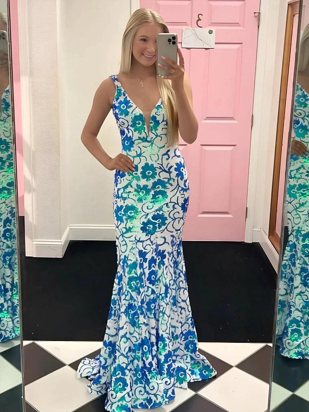 Bailey | Pink V Neck Sequin Lace Mermaid Prom Dress