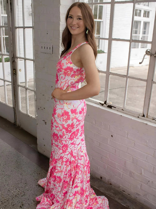 Bailey | Pink V Neck Sequin Lace Mermaid Prom Dress