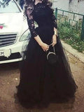 Ball Gown 3/4 Sleeves Bateau Lace Floor-Length Tulle Prom Dresses
