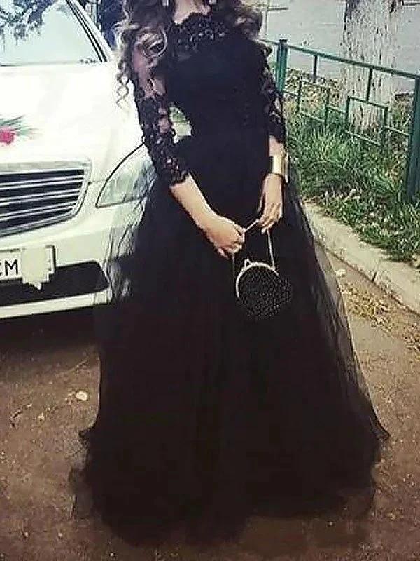 Ball Gown 3/4 Sleeves Bateau Lace Floor-Length Tulle Prom Dresses