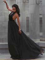 Ball Gown Tulle Ruffles V-neck Sleeveless Court Train Prom Dresses