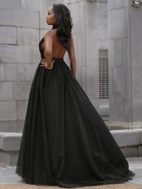 Ball Gown Tulle Ruffles V-neck Sleeveless Court Train Prom Dresses