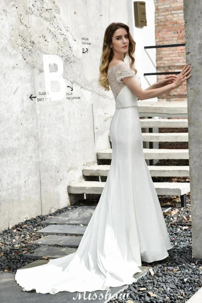Bateau Short Sleeve Slim Mermaid Wedding Gown Satin Bridal Gown Sweep/Trump Train