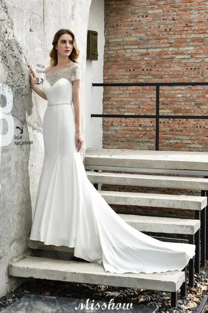 Bateau Short Sleeve Slim Mermaid Wedding Gown Satin Bridal Gown Sweep/Trump Train