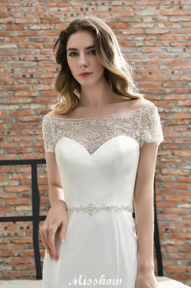 Bateau Short Sleeve Slim Mermaid Wedding Gown Satin Bridal Gown Sweep/Trump Train