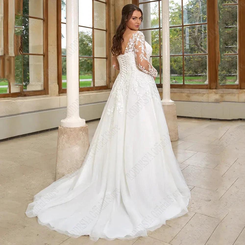 Pastrol Wedding Dresses Plus Size Long Sleeves Lace Up Bride Gowns Applique A-Line Tulle V-Neck vestido de noiva