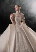Regal High-Neck Ball Gown Beaded Mesh Capelet Satin Panel Wedding Dress with Embroidered Train Q6005