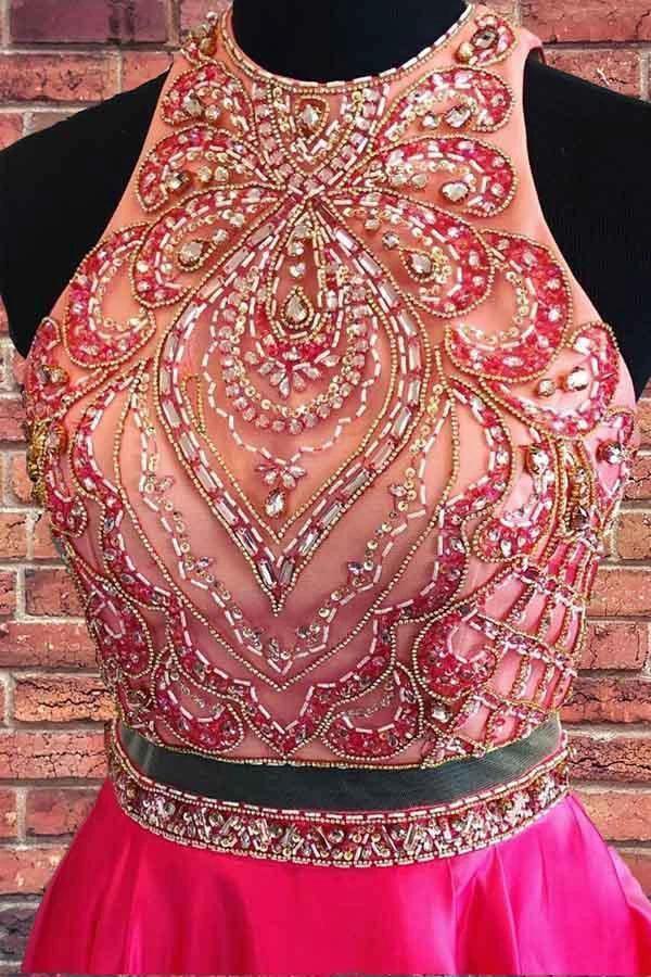 Beaded Two Piece Short Prom Dress Hot Pink Homecoming Dress PD337