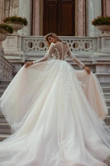Beautiful A-Line V-neck Lace Long Sleeves Mermaid Wedding Dresses With Detachable Train