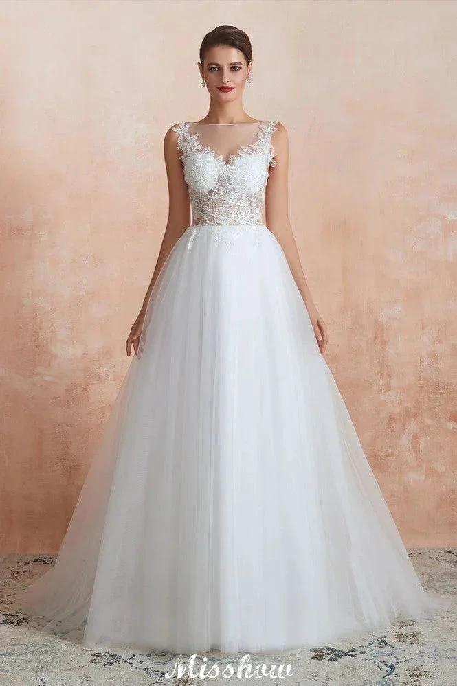 Beautiful Bateau Neck White Wedding Dress Sparkly Sequins Lace Bridal Gown