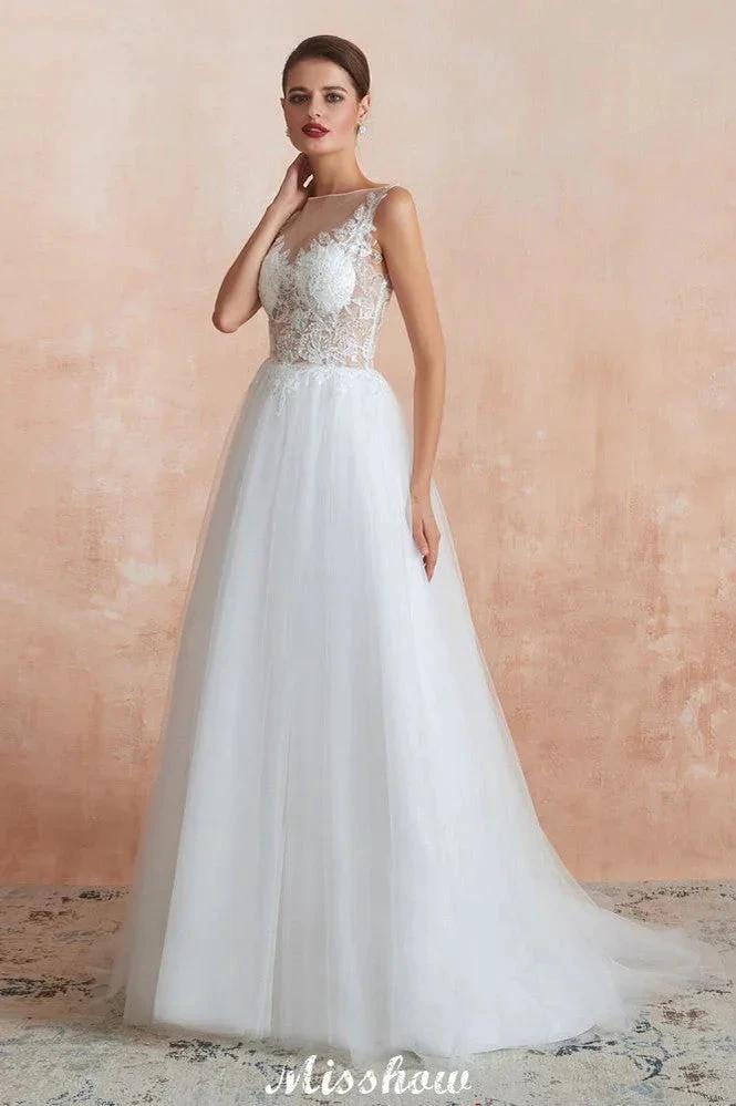 Beautiful Bateau Neck White Wedding Dress Sparkly Sequins Lace Bridal Gown
