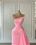Beautiful Column Satin Strapless Sleeveless Pink Prom Dress With Rhinestone