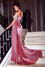 Beautiful Dusty Rose Off-the-shoulder Glitter Mermaid Prom Dress With Slit