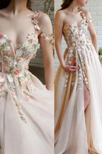Beautiful Long A-line One Shoulder Flowers Evening Dresses With Slit