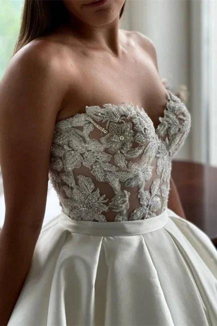 Beautiful Long A-Line Satin Beading Sleeveless Wedding Dresses With Lace