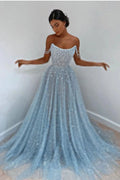 Beautiful Long A-line Scoop Sequined Prom Dress