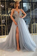 Beautiful Long A-line V-neck Glitter Beading Evening Dresses With Slit