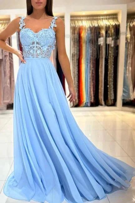 Beautiful Long Blue Simple Straps Appliques Sleeveless Evening Dresses With Slit