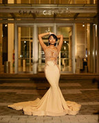 Beautiful Long Champagne Mermaid Sleeveless Beading Prom Dress With Lace