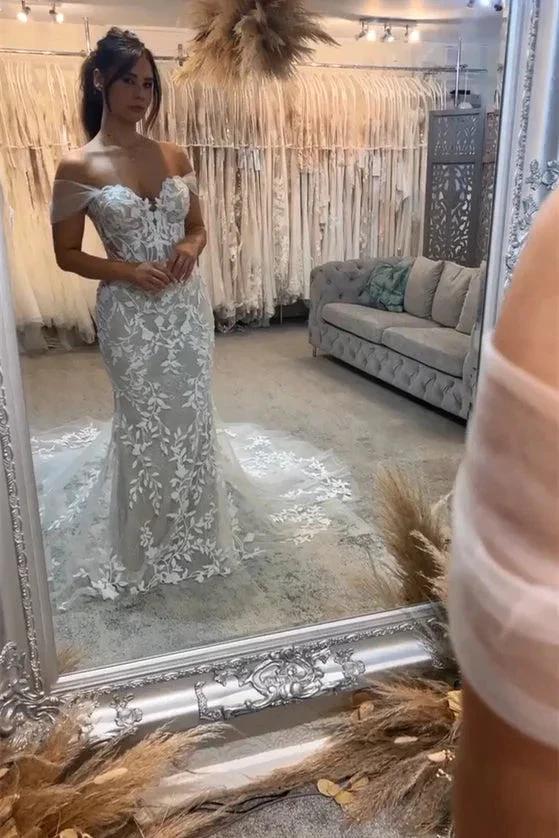 Beautiful Long Mermaid Off-the-shoulder Appliques Sleeveless Wedding Dress With Lace