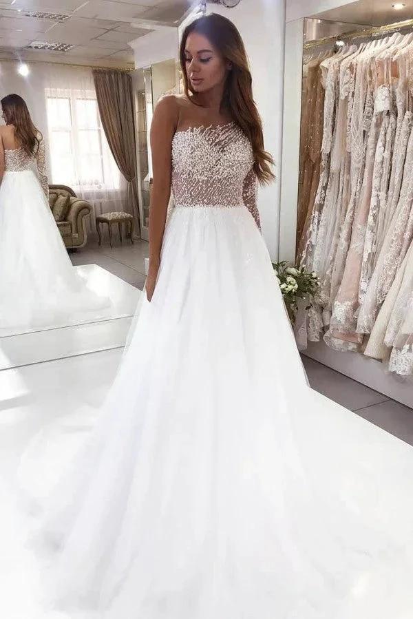 Beautiful Long Sleeve A-Line Bateau Pearl Lace Wedding Dress