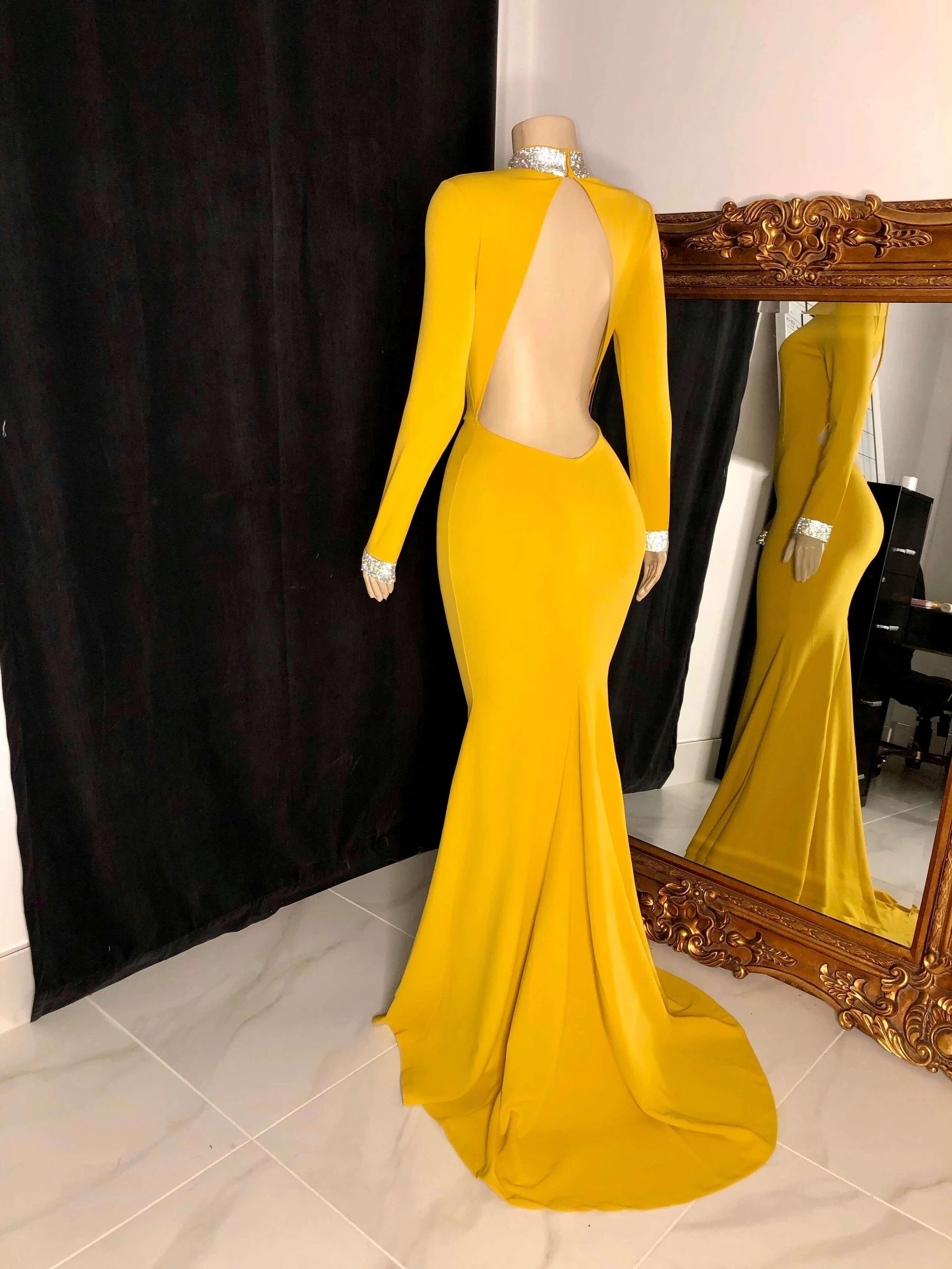 Beautiful Long Sleeves Backless High Neck Mermaid Prom Dress