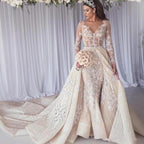 Beautiful Long Sleeves Lace Mermaid Overskirt Wedding Dress Bridal Wears