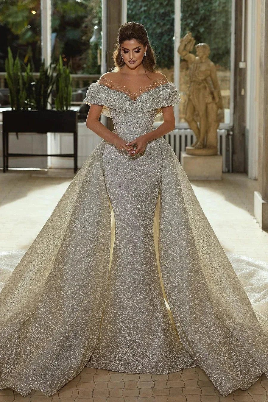 Beautiful Mermaid Panel Portrait Wedding Dresses With Beaded