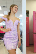 Beautiful Off-the-shoulder Lilac V-neck Homecoming Dress With Lace