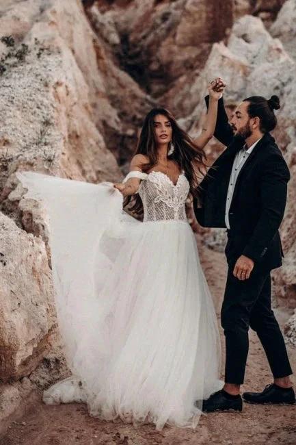 Beautiful Off-the-shoulder Sleeveless Column Floor-Length Tulle Wedding Dresses