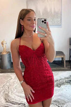 Beautiful Red Spaghetti Straps Sleeveless Short Homecoming Dresses With Lace