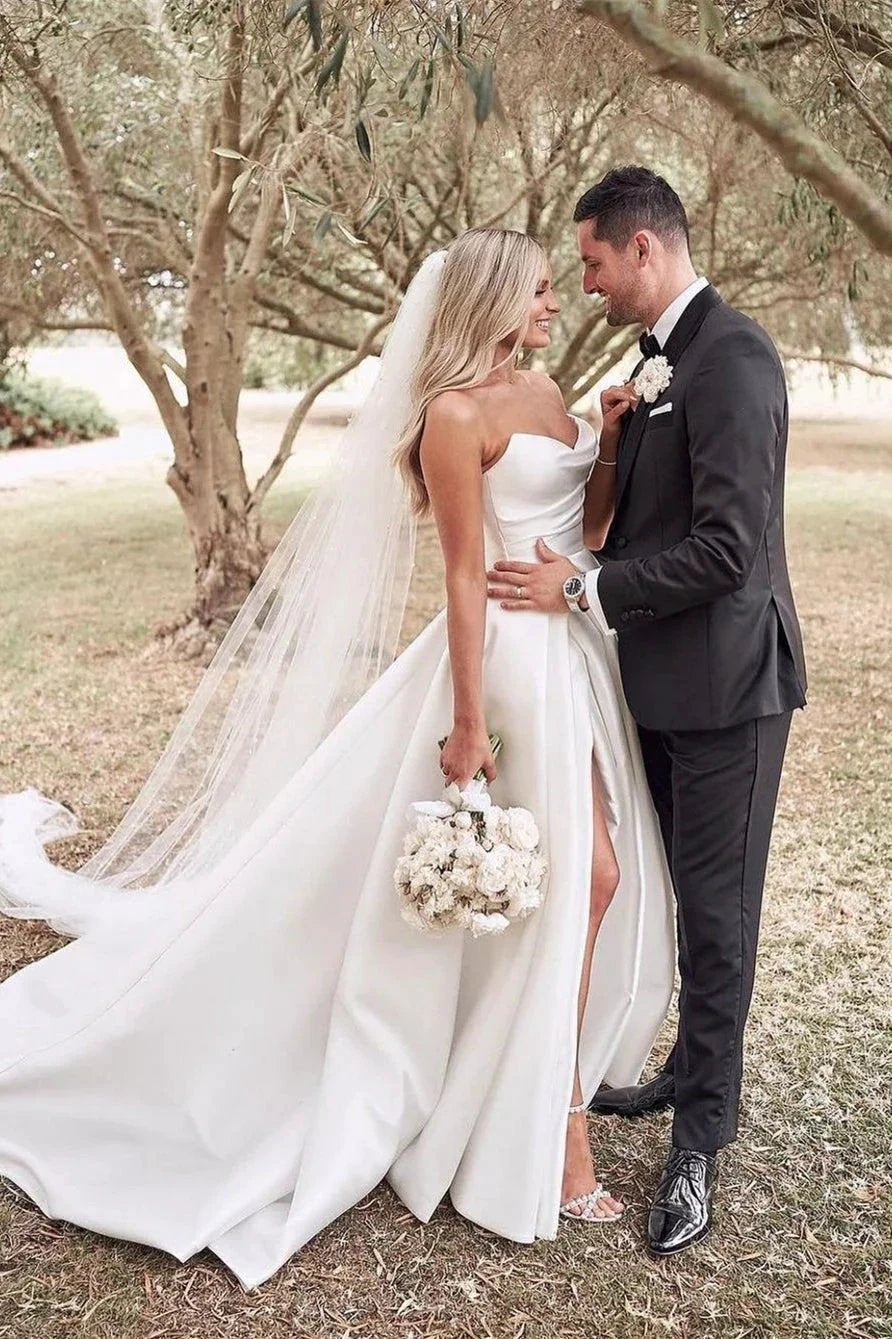 Beautiful Simple White A-line Wedding Dress With Side Slit