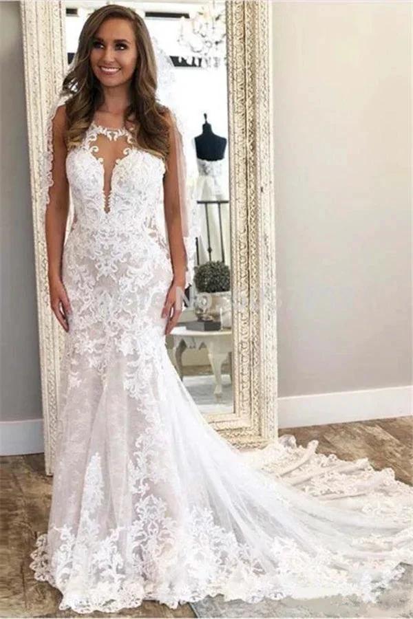 Beautiful Sleeveless Column Lace Wedding Dress On Sale