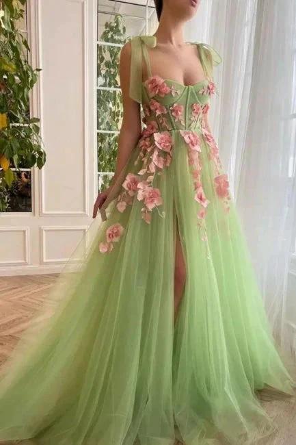 Beautiful spaghetti straps sleeveless a-line soft net evening dresses split front