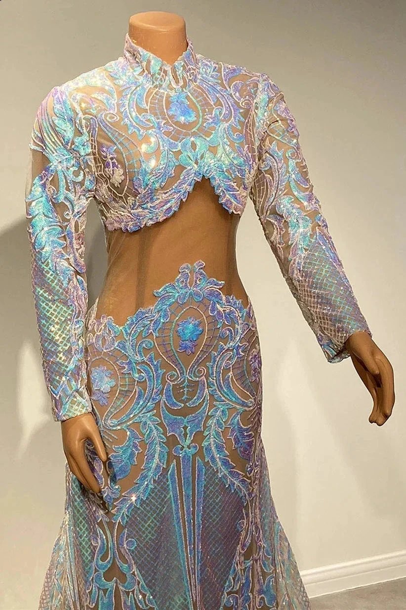 Beautiful Two Piece High-neck Long Sleeve Floor-length A-Line Prom Dresses