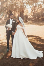 Beautiful White A-line Off-the-shoulder Satin Wedding Dress
