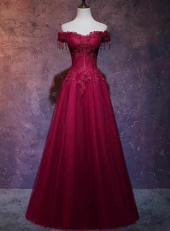 Beautiful Wine Red Tulle Sweetheart Long Prom Dress A-line Party Dress