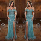 Long Mermaid Off the Shoulder Tulle Beads Sequins Prom Dresses with Slit