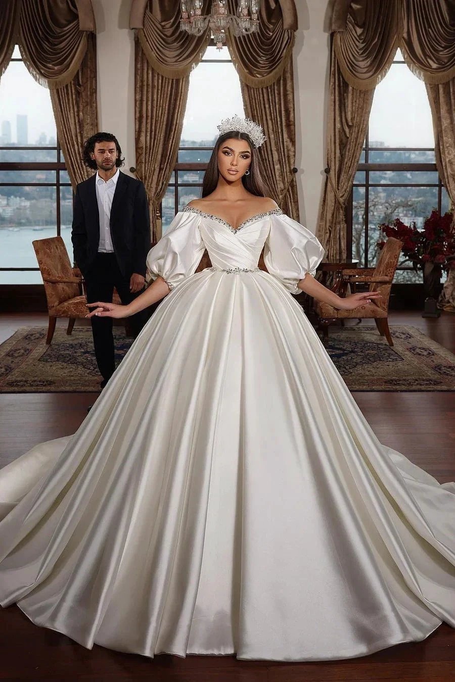 Biztunnel Ivory Long Ball Gown Off the Shoulder Satin Wedding Dress With Sleeves