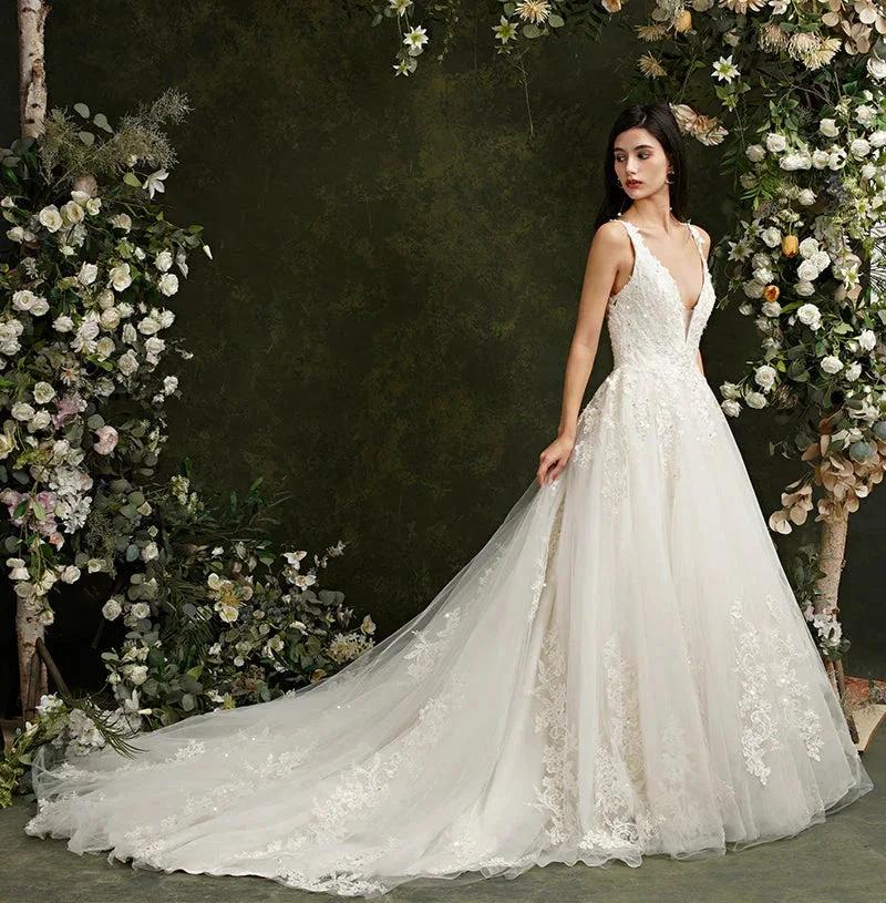 Biztunnel Long A-line V-neck Tulle Lace Backless Wedding Dresses