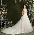 Biztunnel Long A-line V-neck Tulle Lace Backless Wedding Dresses