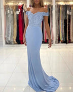 Blue Off-the-shoulder Long Mermaid Prom Dresses With Lace