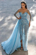 Modest Long Mermaid Sweetheart Sparkle Front Slit Prom Dress with Sleeves