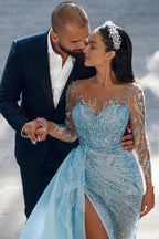 Modest Long Mermaid Sweetheart Sparkle Front Slit Prom Dress with Sleeves
