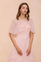 Blushing Pink Bridesmaid Dress Knee Length Simple Chiffon Girls Party Dress with Wraps