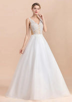 Boho Long A-line V-Neck Straps Tulle Appliques Lace Wedding Dress