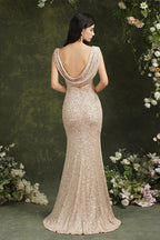 Brilliant Scoop Neck Sequins Backless Mermaid Bridesmaid/Prom Dress With Side Slit